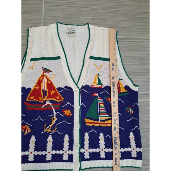 Vtg Women's Nautical Sweater Vest Med Sailboat Cable Knit Multicolor Kitchy - Picture 8 of 10